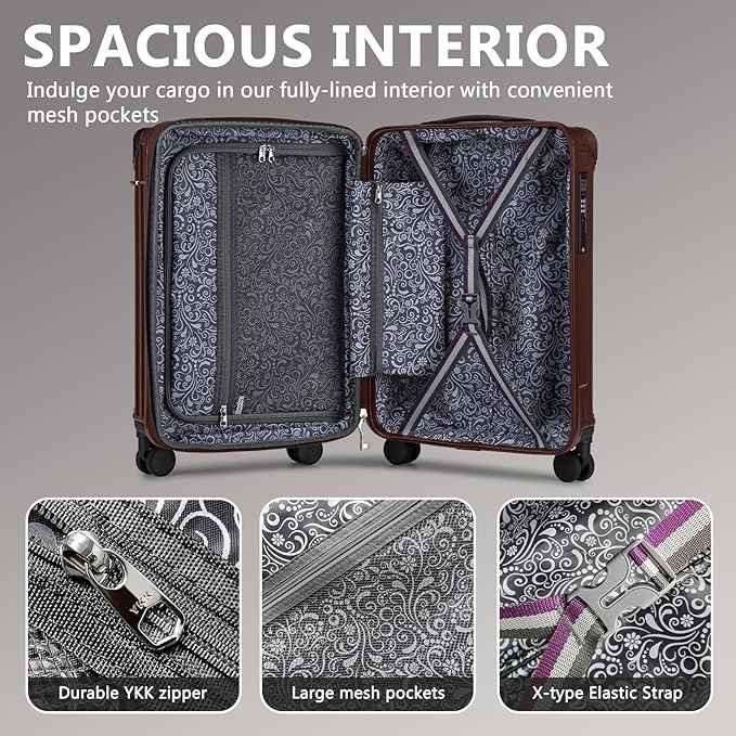 Joyway 20in Carry On Luggage with Cup Holder and USB Port, 25% Expandable Capacity, Smart Suitcase Set with Anti Slip Wheels and Handbag, Perfect for Men and Women (Coffee, Carry-On 20-Inch Handbag)