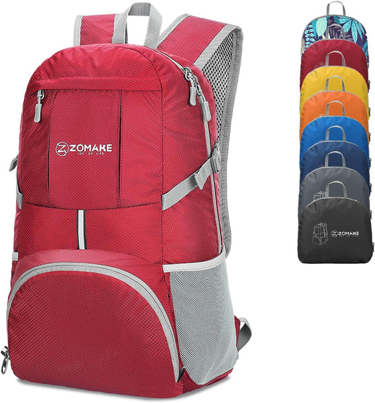ZOMAKE Lightweight Packable Backpack 35L, Light Foldable Backpacks Water Resistant Collapsible Hiking Bag, Compact Folding Day Pack for Travel Camping(Red) - Roamly