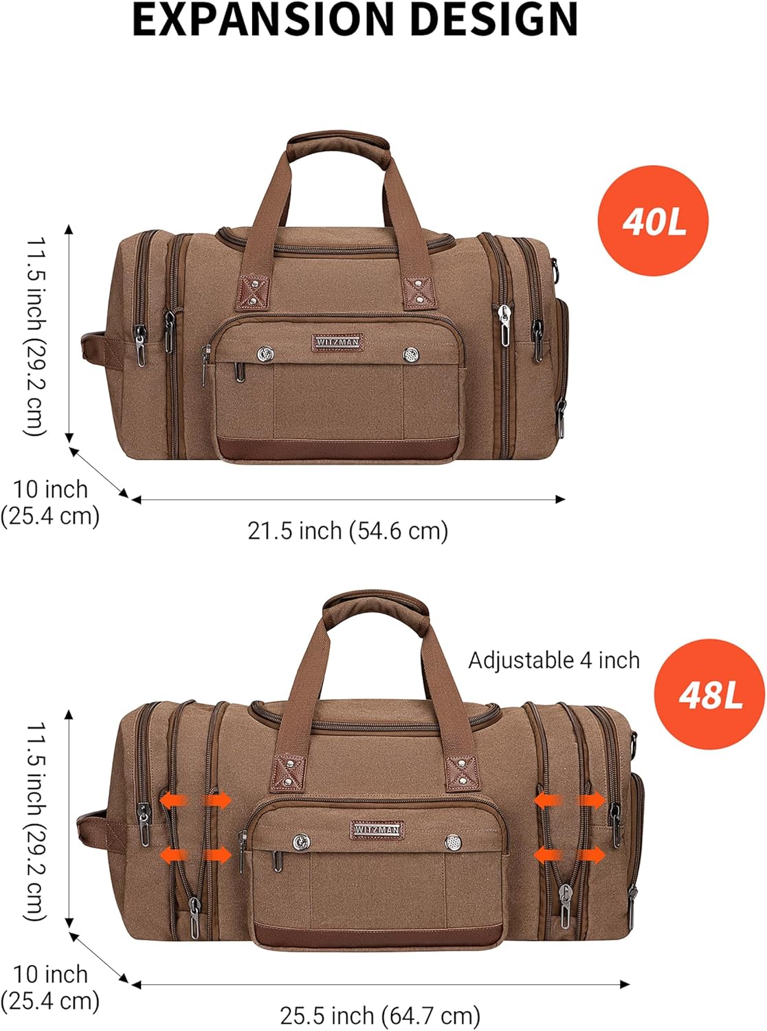 WITZMAN Mens Duffle Bags for Traveling Canvas Weekender Travel Bag Expandable Overnight Bag Carry on Bag(A8007 Brown) - Roamly