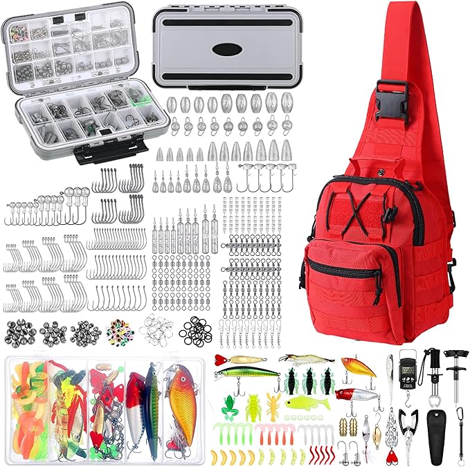 Sosation 482 Pcs Fishing Gifts for Men Fishing Sling Bag Tool Gear Equipment Accessories Kit Fish Backpack Tackle Box with Tackle Included Fish Hook Remover Tool Lures Lip Gripper
