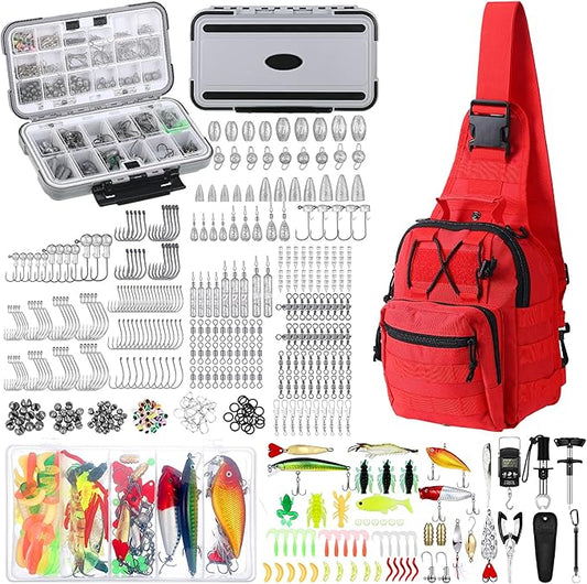 Sosation 482 Pcs Fishing Gifts for Men Fishing Sling Bag Tool Gear Equipment Accessories Kit Fish Backpack Tackle Box with Tackle Included Fish Hook Remover Tool Lures Lip Gripper