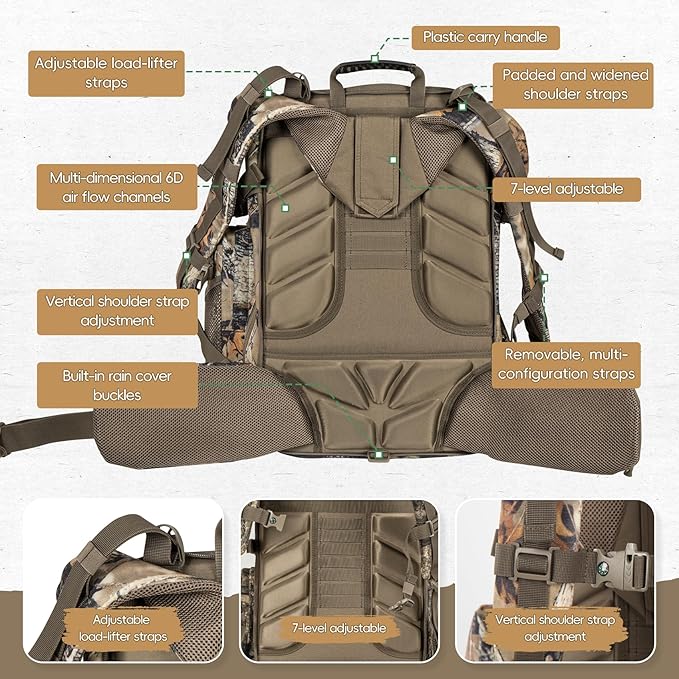 BLISSWILL Upgraded Hunting Backpack,With Padded Weapon Compartment for Bow Rifle，For Deer and Elk Hunting，Hunting bag with Rain Cover(Forest Floor)