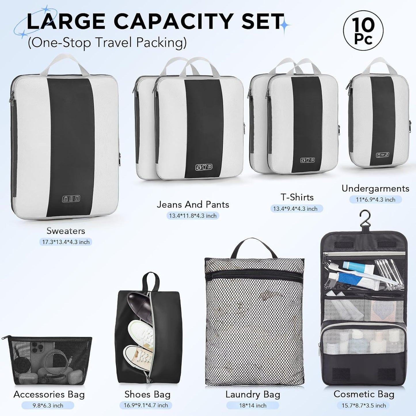 10 Set Compression Packing Cubes for Travel Essentials,Compressible Expandable Packing Cubes for Suitcase,OlarHike Luggage Organizer Bags for Travel,Handy Helper for Organizing Clothes(Black) - Roamly