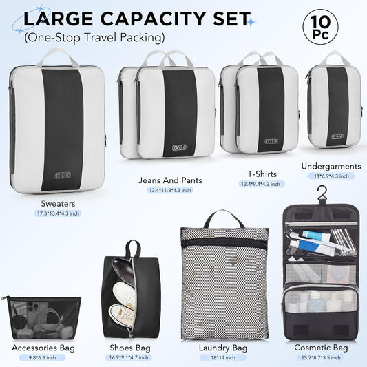 10 Set Compression Packing Cubes for Travel Essentials,Compressible Expandable Packing Cubes for Suitcase,OlarHike Luggage Organizer Bags for Travel,Handy Helper for Organizing Clothes(Black) - Roamly