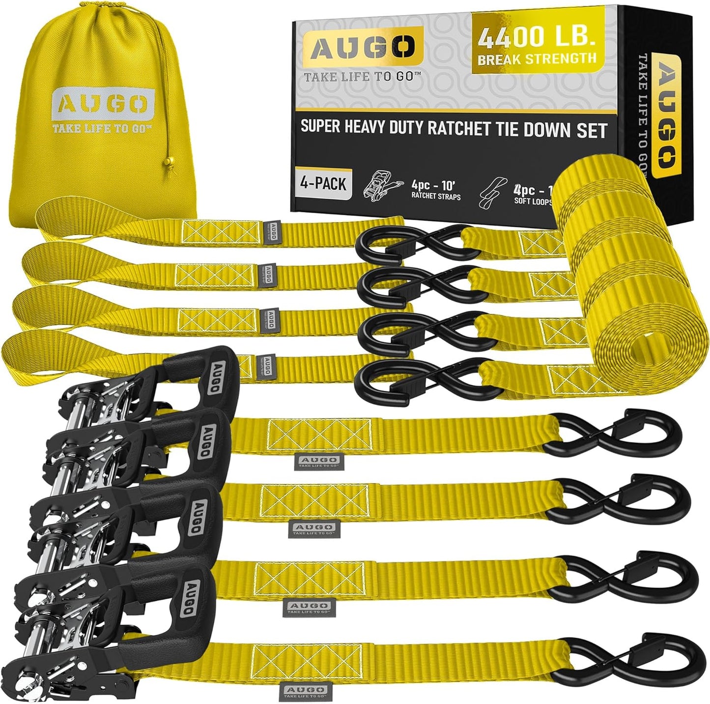 AUGO Heavy Duty Ratchet Straps & Soft Loops – Pack of 4 Extra Strong 1.5” by 10’ Ratchet Straps w/S-Hook Safety Latches & 4 Soft Loop Tie Downs – 4400Lb Break Strength for Motorcycles, ATVs, Etc.