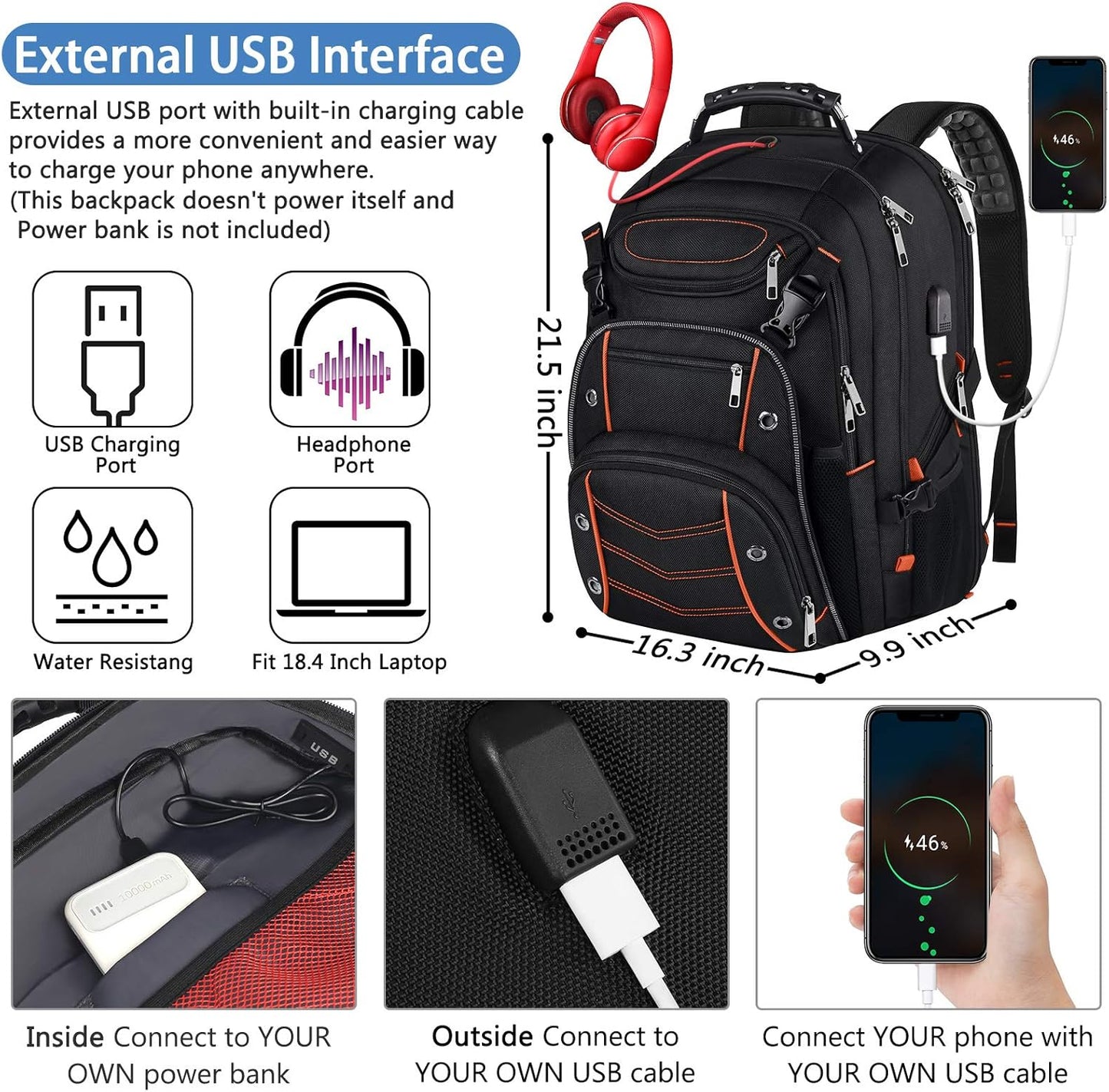 VECKUSON 18.4 Laptop Backpack for Men, 55L Extra Large Gaming Laptops Backpack with USB Charger Port,TSA Friendly Flight Approved and RFID Anti-Theft Pocket - Roamly