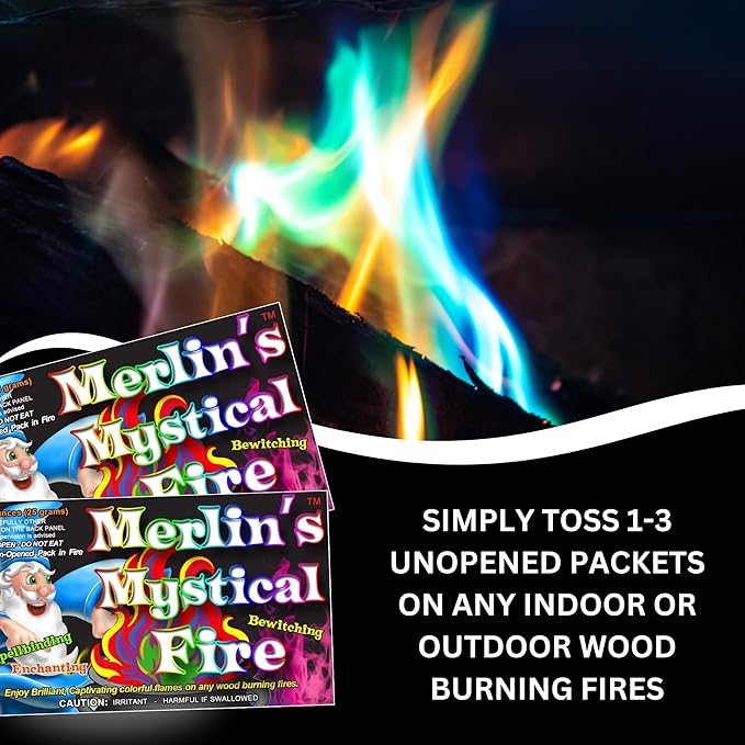 Merlin's Mystical Fire Color Changing Packets- Pack of 6, 0.882 oz Each- Long Lasting Enchanted Multi-Color Magical Flames- Flame Color Changer for Fire Pits & Outdoor Fireplaces- Campfire Accessories