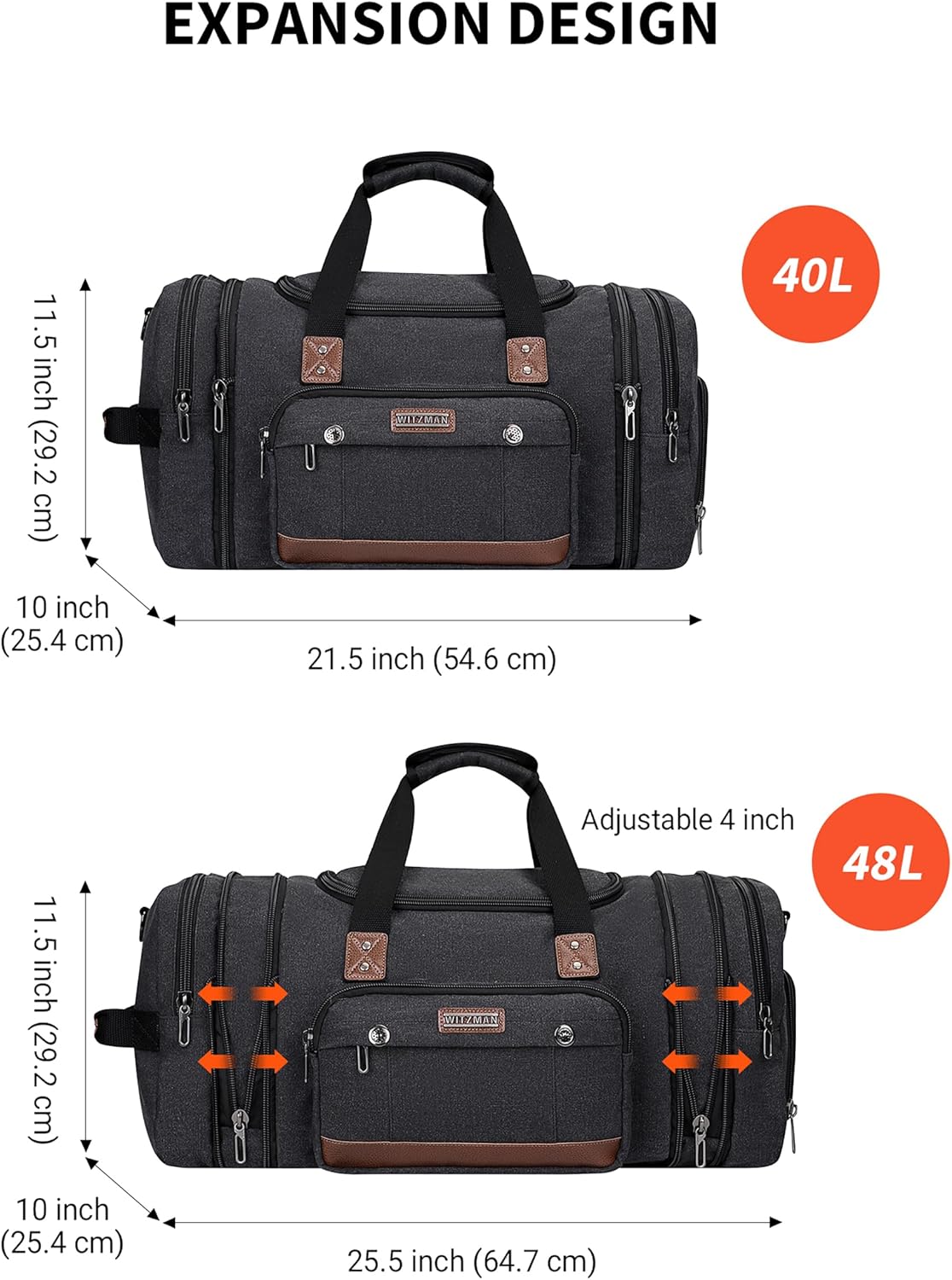 WITZMAN Mens Duffle Bags for Traveling Canvas Weekender Travel Bag Expandable Overnight Bag Carry on Bag(A8007 Black) - Roamly