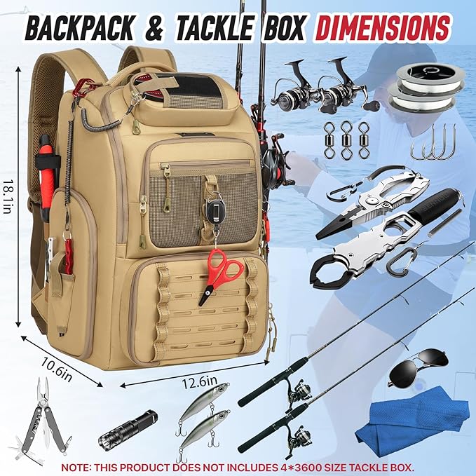 Fishing Tackle Backpack,Tackle Bag with 2 Rod Holders,Water-Resistant Large Storage Fishing Gear and Equipment (B-Khaki)