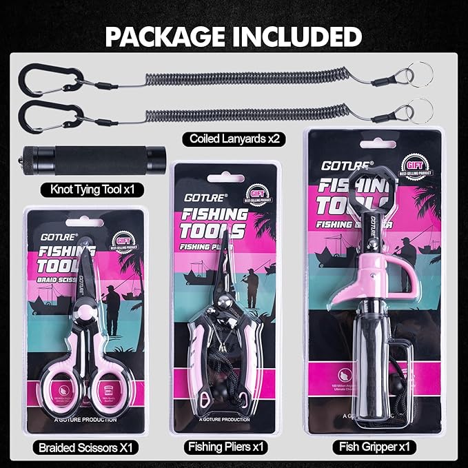 Goture Fishing Tool Kit,Fishing Pliers,Fillet Knife with Sheath,Fish Lip Gripper,Fish Hook Remover,Lanyard,Line Scissors,Sharpener,Stainless Steel Soap,Saltwater Gear Kit,Red/Pink,Gifts for Men/Women