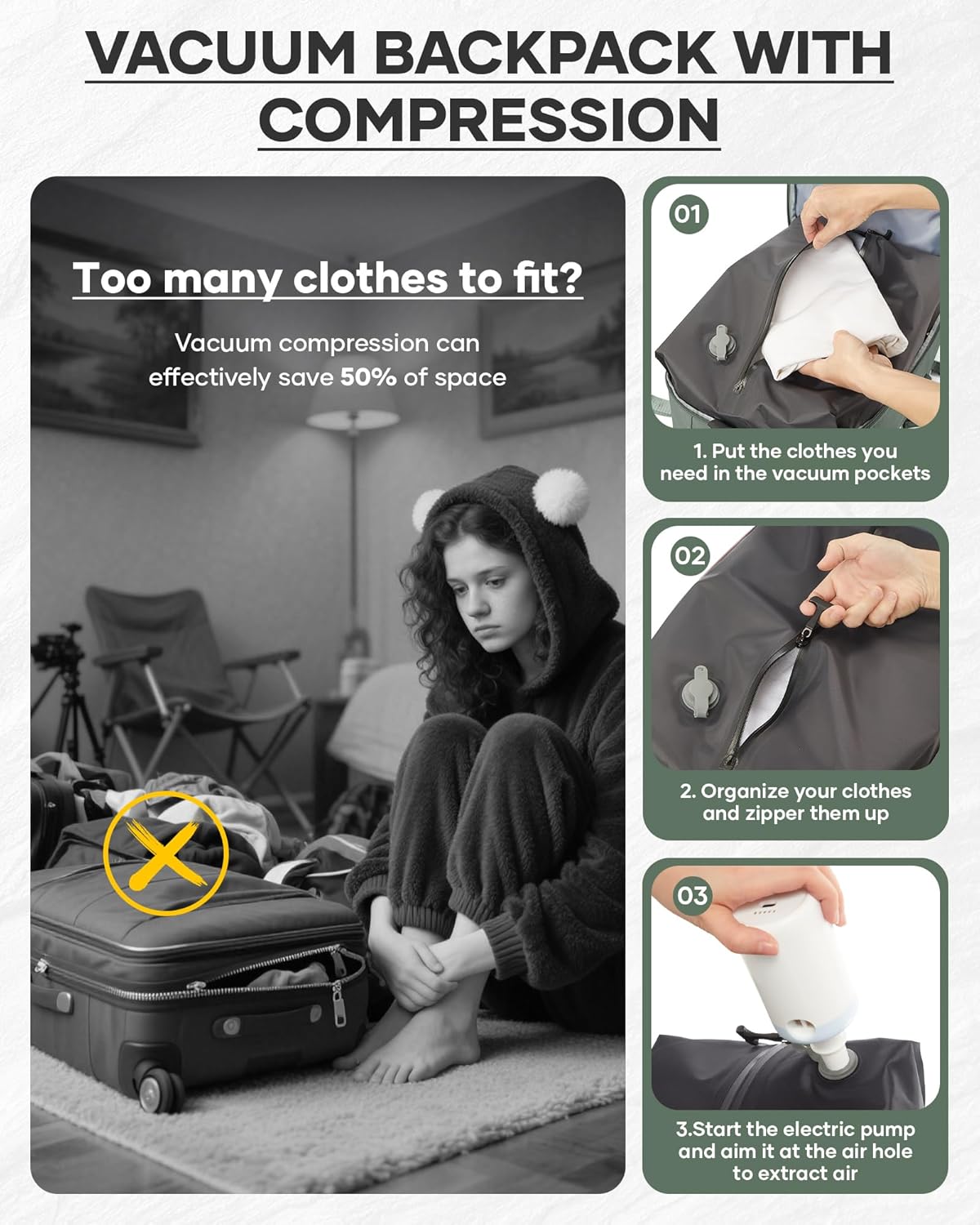 Vacuum Backpack With Vacuum Compression,Expanded Travel Laptop Backpacks For Women Men,Carry On Backpack Vacpack Backpacks With Pump Seal Packing, Personal Item Travel Bag Olive Green - Roamly