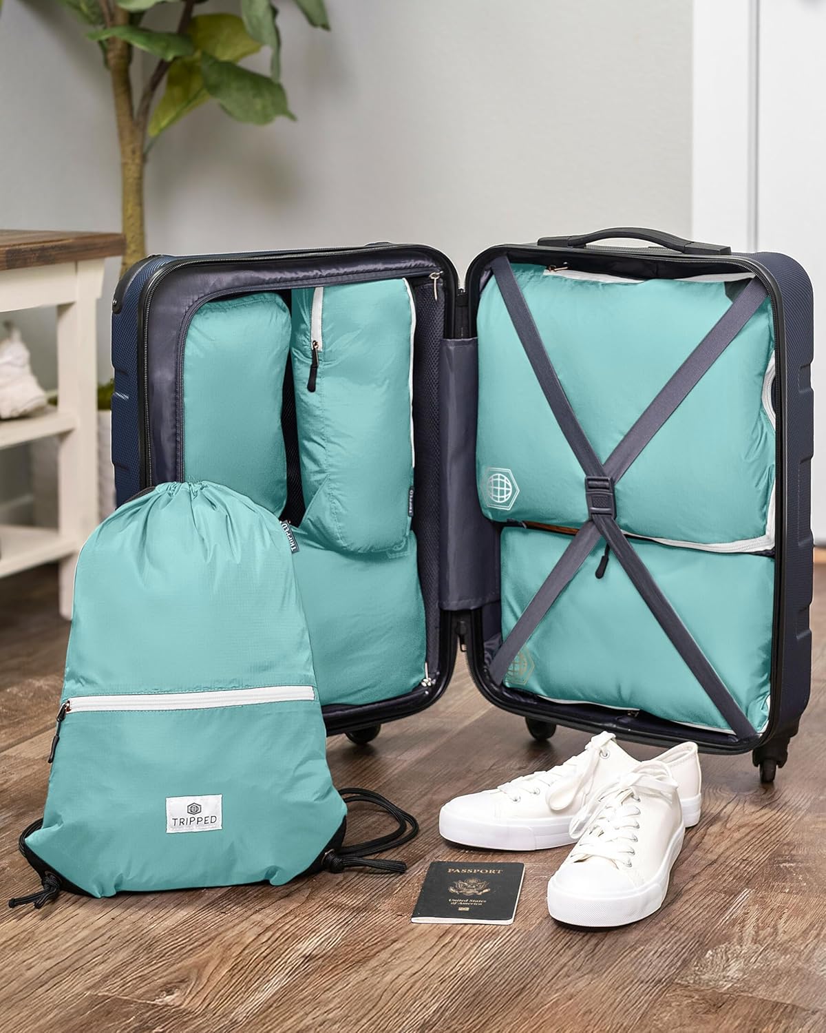 Large Compression Packing Cubes 6 Piece Set for Travel with Lightweight Laundry Bag/Drawstring Backpack for Carry-On Suitcase (Teal/White) - Roamly