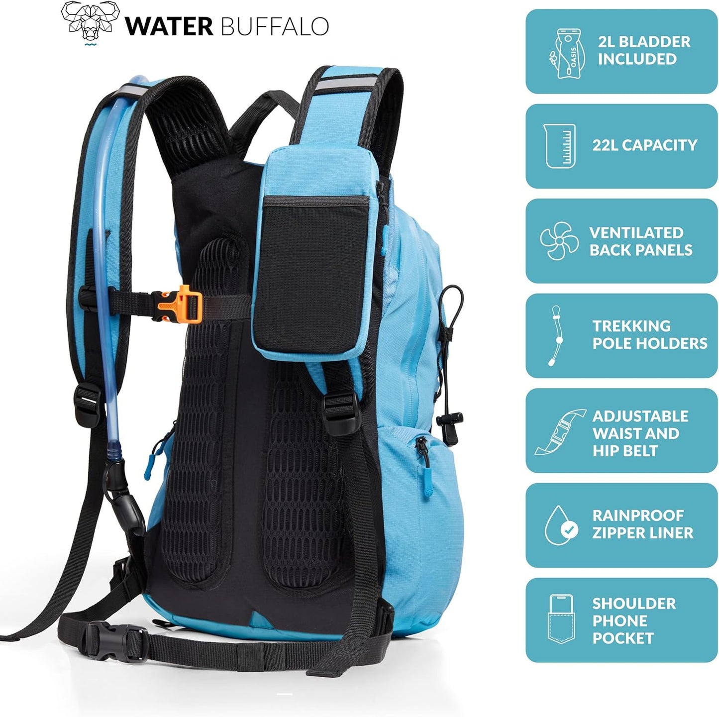 Water Buffalo Hydration Backpack - Sherpa 22L Hiking Backpack with Water Bladder - Water Backpack for Hiking with Waterproof Zippers, Phone & Pole Holders - Roamly