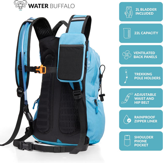 Water Buffalo Hydration Backpack - Sherpa 22L Hiking Backpack with Water Bladder - Water Backpack for Hiking with Waterproof Zippers, Phone & Pole Holders - Roamly
