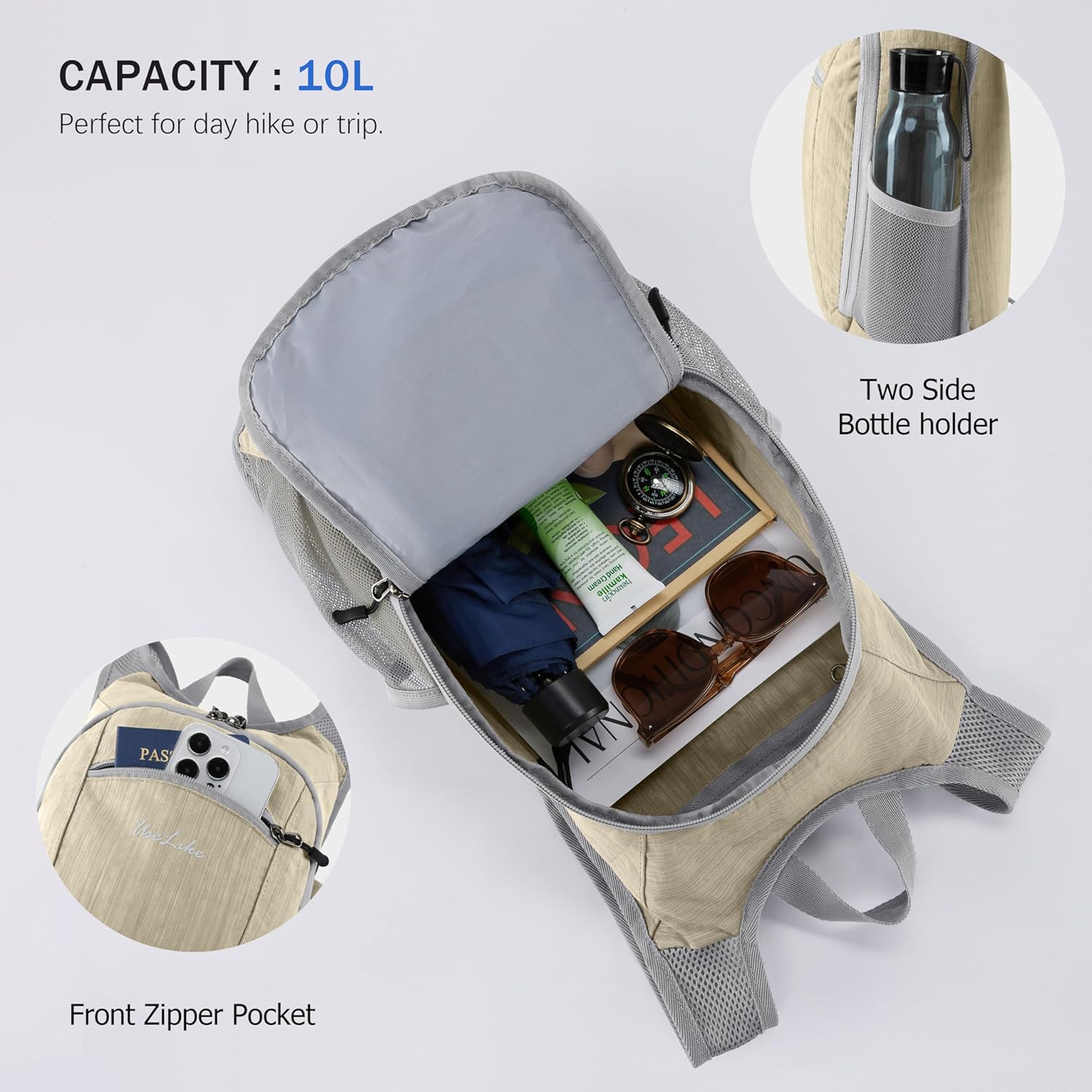 10L Small Hiking Backpack Travel Daypack Lightweight Packable Back Pack for Women Men(Beige) - Roamly