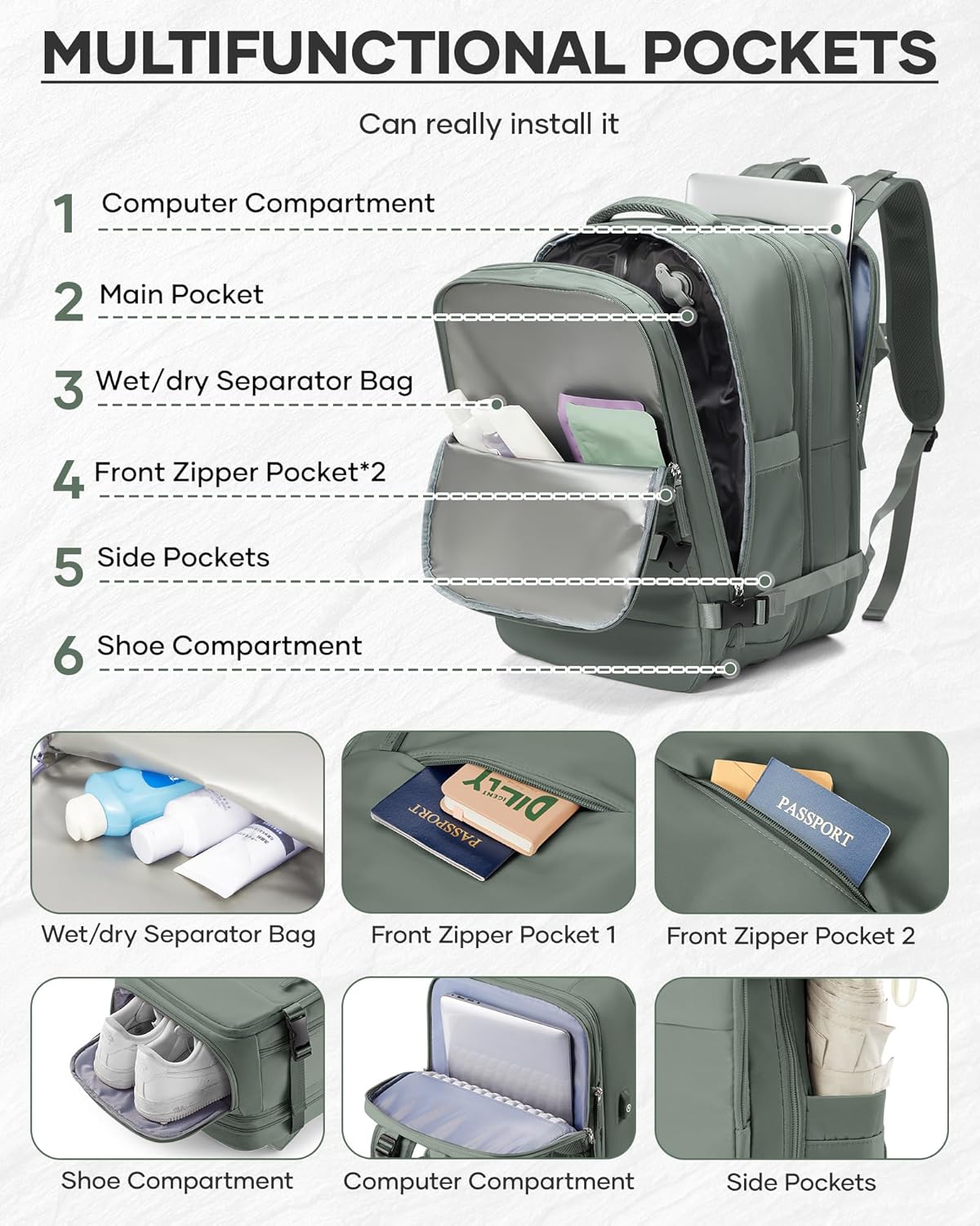 Vacuum Backpack With Vacuum Compression,Expanded Travel Laptop Backpacks For Women Men,Carry On Backpack Vacpack Backpacks With Pump Seal Packing, Personal Item Travel Bag Olive Green - Roamly