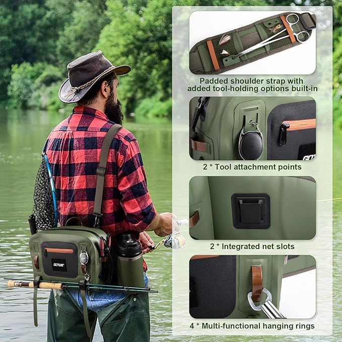 Goture Waterproof Fishing Waist Pack,IPX8 840D TPU Large Tackle Bag with Rod Holder,Airtight Zipper Closure,Detachable Water Bottle Holder, 10L Fly Fishing Bag with Adjustable Strap,Sling Fanny Pack