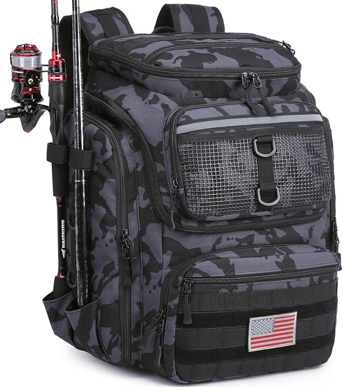 HAMBOLY Fishing Backpack with Rod Holders, 40L Tackle Box Backpack for Fishing Gear, Waterproof Fishing Bag for Men