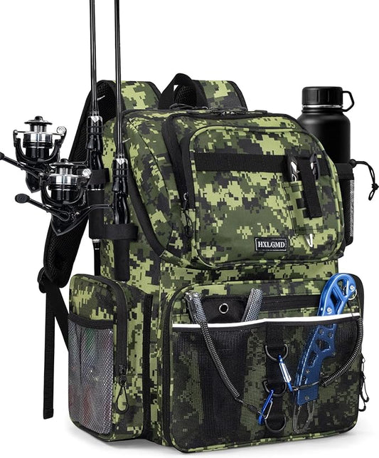 HXLGMD Fishing Backpack with Rod Holders, 43L Large Water Resistant Tackle Bag Storage Gear and Equipment with Cooler for Men Fishing, Camping, Hiking, Green