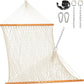 Lazy Daze Hammocks Double Rope Hammock, 2 Person Traditional Outdoor Hand Woven Cotton Rope Hammock with Spreader Bar, Carabiners, Tree Straps, Chains for Patio Yard - Max 450 Lbs, Natural