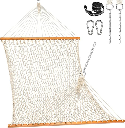 Lazy Daze Hammocks Double Rope Hammock, 2 Person Traditional Outdoor Hand Woven Cotton Rope Hammock with Spreader Bar, Carabiners, Tree Straps, Chains for Patio Yard - Max 450 Lbs, Natural