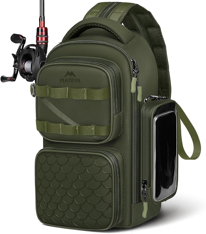 MATEIN Fishing Sling Bag with Lure Rod Holder & Phone Pouch, Waterproof 3600 Tackle box Backpack with Removable Bait Binder