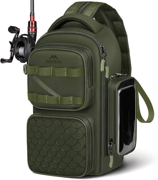 MATEIN Fishing Sling Bag with Lure Rod Holder & Phone Pouch, Waterproof 3600 Tackle box Backpack with Removable Bait Binder