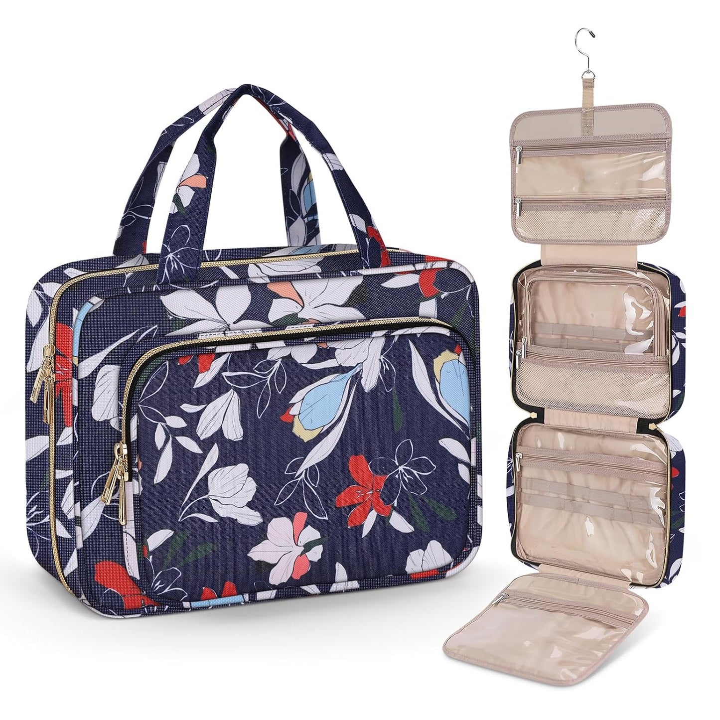 Wedama Toiletry Bag for Women, Large Cosmetic Travel Bag, Hanging Toiletry Bag for Bathroom, PVC Waterproof Makeup Bag, Toiletries Bag for Travel Business Trips and Camping, Blue+White Floral - Roamly