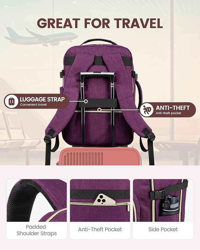LOVEVOOK Travel Backpack for Women & Men 50L,Airline Approved Carry On Backpack Travel Essential,TSA Carry on Luggage,Waterproof Personal Item Travel Bag,Suitcase with 3 Packing Cube,Dark purple-Black