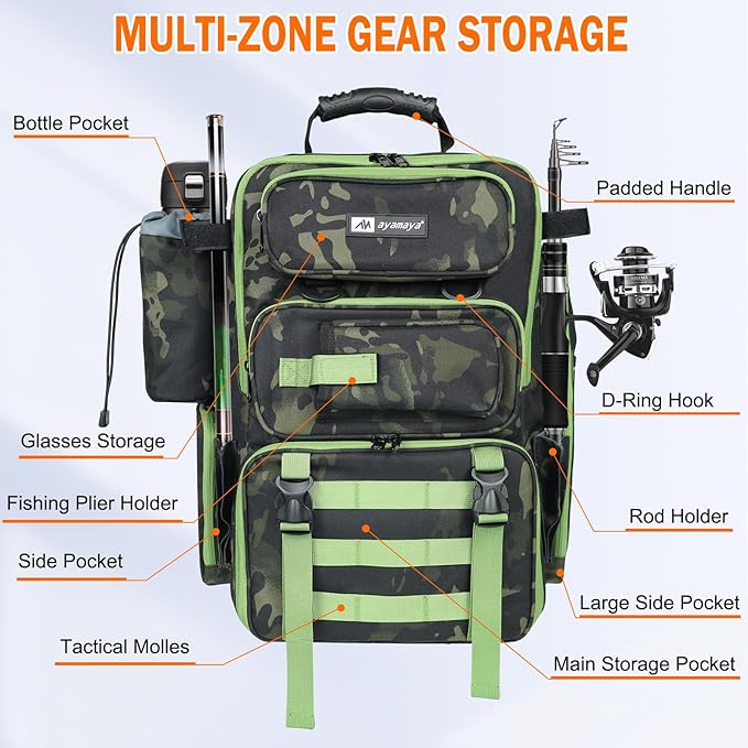 AYAMAYA Fishing Backpack, 40L Tackle Backpack with Rod Holders & 2 Tackle Trays, Large Water-resistant Fishing Bag Equipments