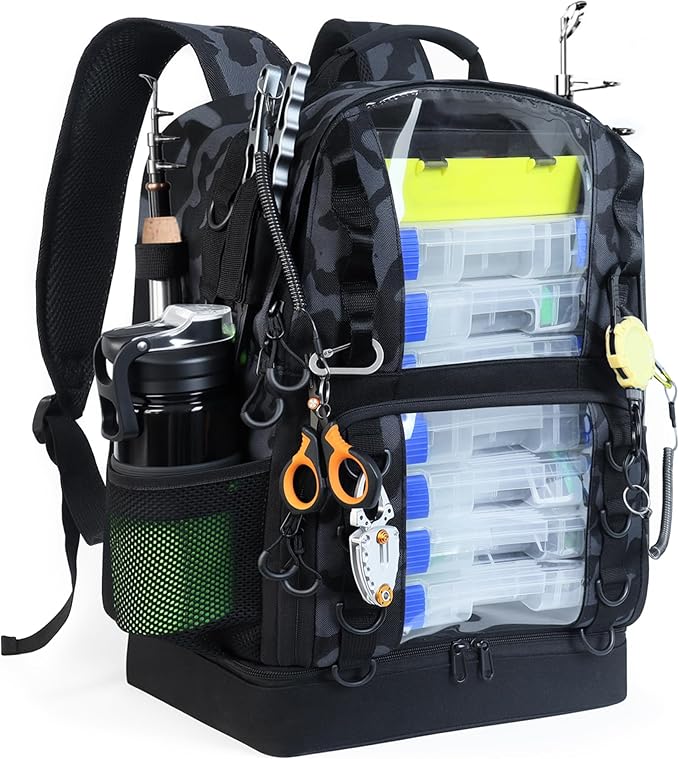 Fishing Tackle Backpack with Cooler,45L Large Tackle Bag with 2 Rod Holders & Clear Window,Outdoor Fishing Backpack for Fishing,Camping, Hiking,Camouflage