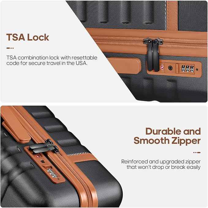UKEIN Luggage Sets 3 Piece, PC Hardside Checked Luggage 24 Inch With Spinner Wheels with TSA Lock, Large Suitcase Set With Travel Backpack for Men (Black, 3 piece set (24inch))