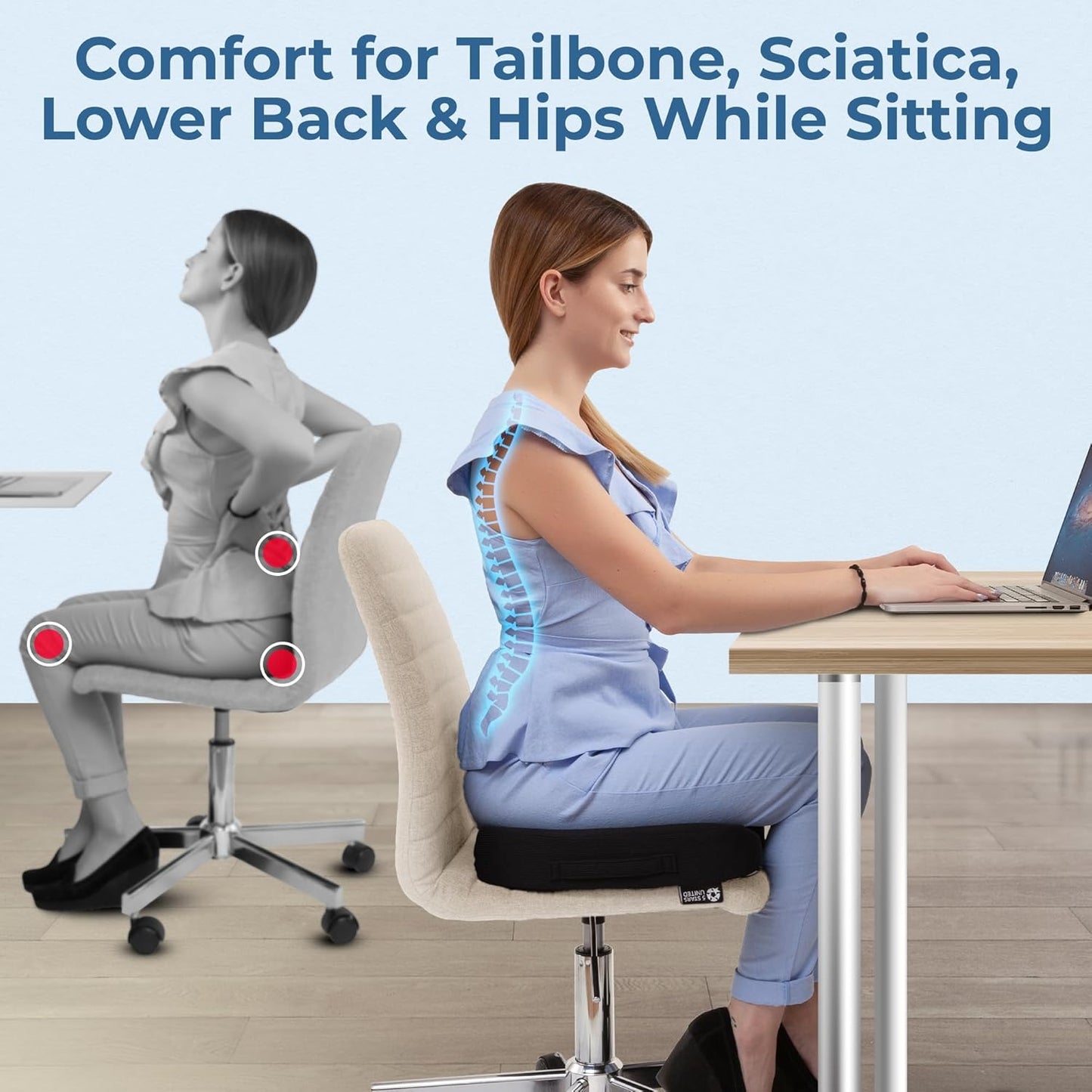 5 STARS UNITED Seat Cushion for Tailbone Pain Relief – Memory Foam Cushion for Coccyx, Hemorrhoid, Sciatica & Post-Surgery Recovery – Wheelchair, Car, Desk, Gaming & Office Chairs, Arctic Black