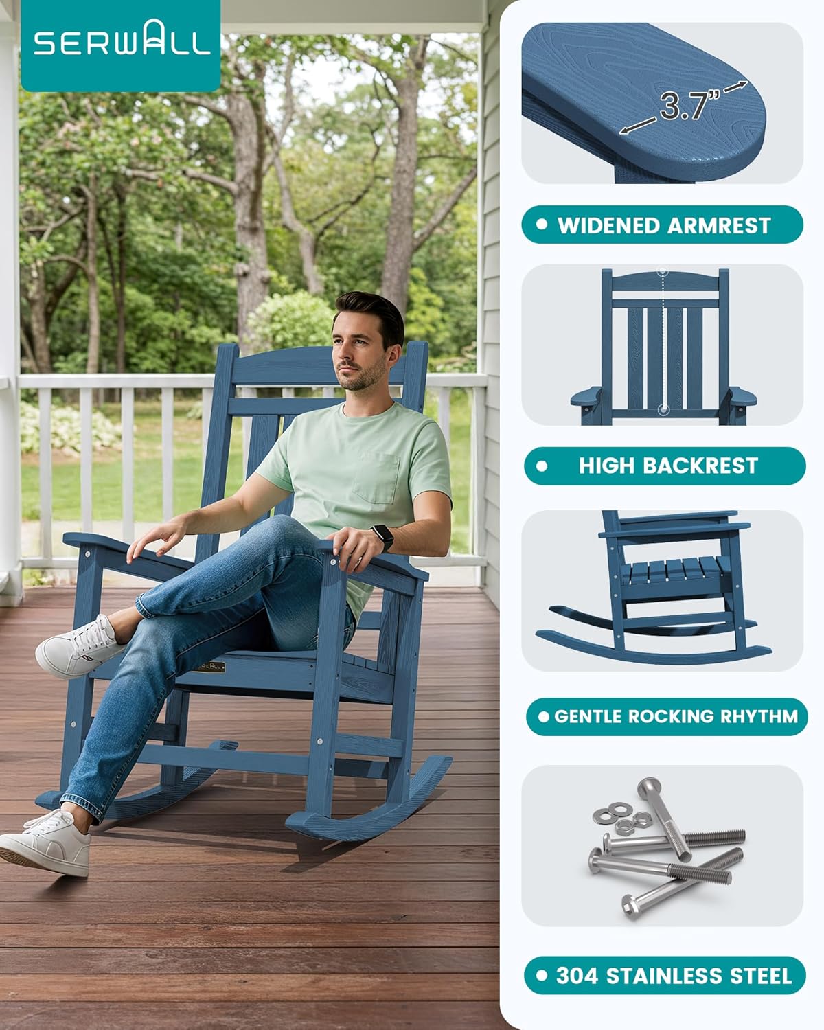 SERWALL Outdoor Rocking Chair, HDPE Patio Rocking Chair All-Weather Porch Rocker for Balcony, Yard, Blue