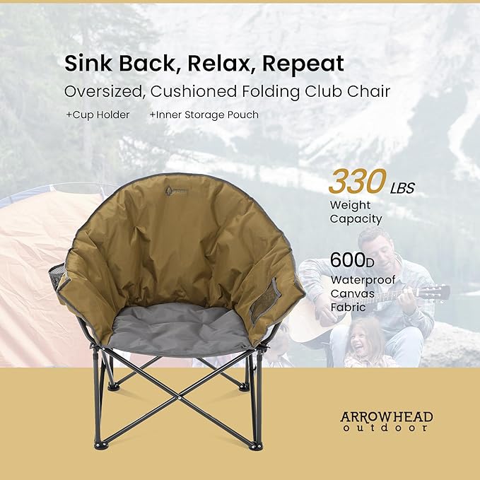 ARROWHEAD OUTDOOR Oversized Heavy-Duty Club Folding Camping Chair with Pocket, Cup Holder, Portable, Padded, Moon, Round, Saucer, Supports 330lbs, Carrying Bag