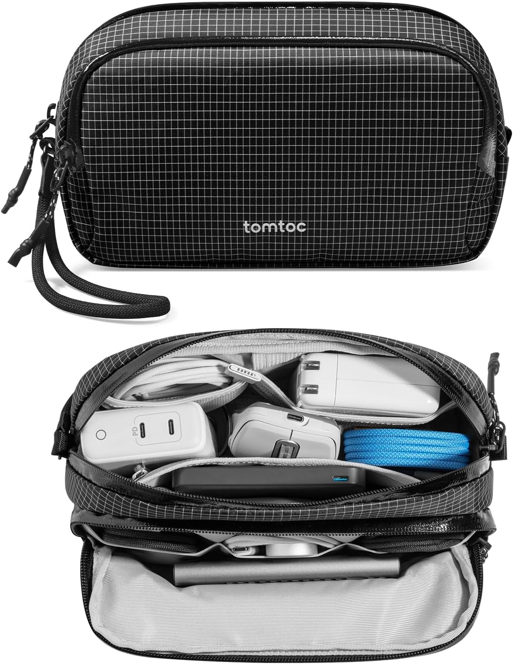 tomtoc Electronic Organizer Travel Case Performance, Water Resistant Dual Compartment Cable Organization Storage Bag for Charger, Cord, Phone, Hard Drive, Power Bank, Accessories Travel Essentials - Roamly