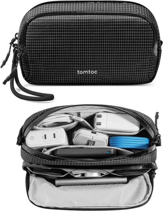 tomtoc Electronic Organizer Travel Case Performance, Water Resistant Dual Compartment Cable Organization Storage Bag for Charger, Cord, Phone, Hard Drive, Power Bank, Accessories Travel Essentials - Roamly