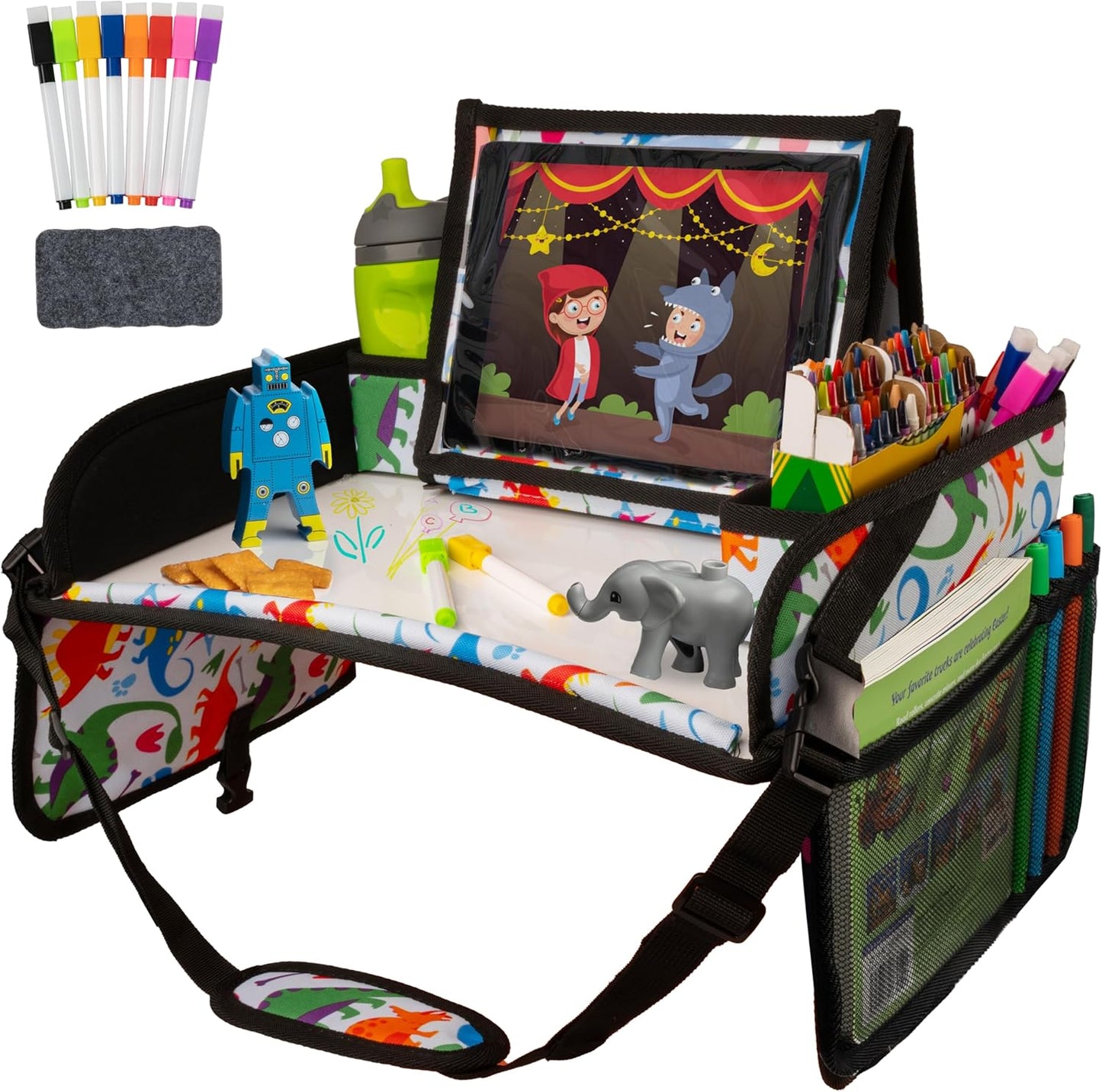 Lusso Gear Kids Travel Tray for Car Seat - Toddler Travel Tray with Dry-Erase Surface - Tablet Holder, Cup Holder and Mesh Storage - Road Trip Activities for Kids on Car, Plane or Train (Dinos)