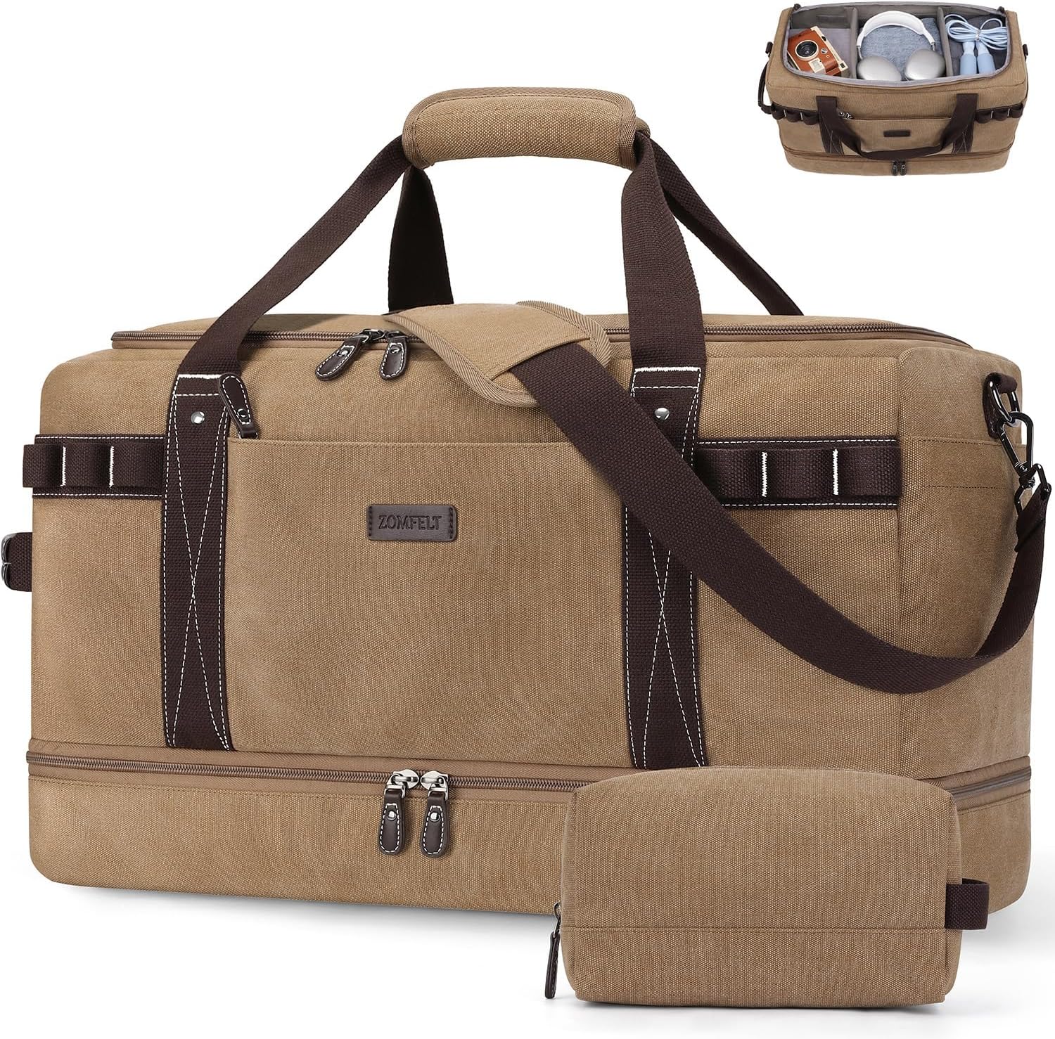 ZOMFELT Travel Duffle Bag for Men, Waterproof Canvas Overnight Duffel Bag with Removable Dividers & Shoe Compartment, Carry On Weekender Gym bag, Multi-Pocket & Vintage Design (Washed Brown) - Roamly