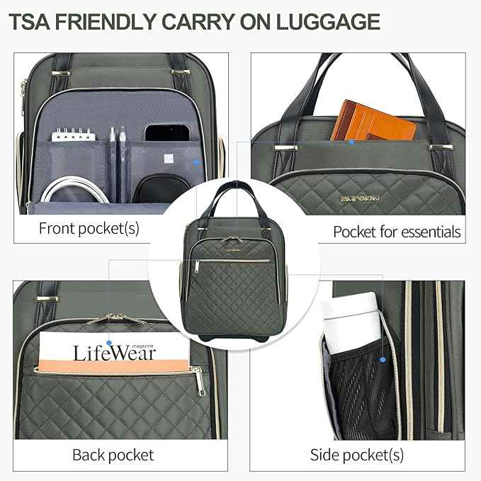 EMPSIGN Underseat Carry On Wheeled - 16" Carry on Bag with Wheels Multi-functional Lightweight Rolling Bag Overnight Weekender Small Suitcase for Women Men Travel Business, Army Green-Gold Zipper