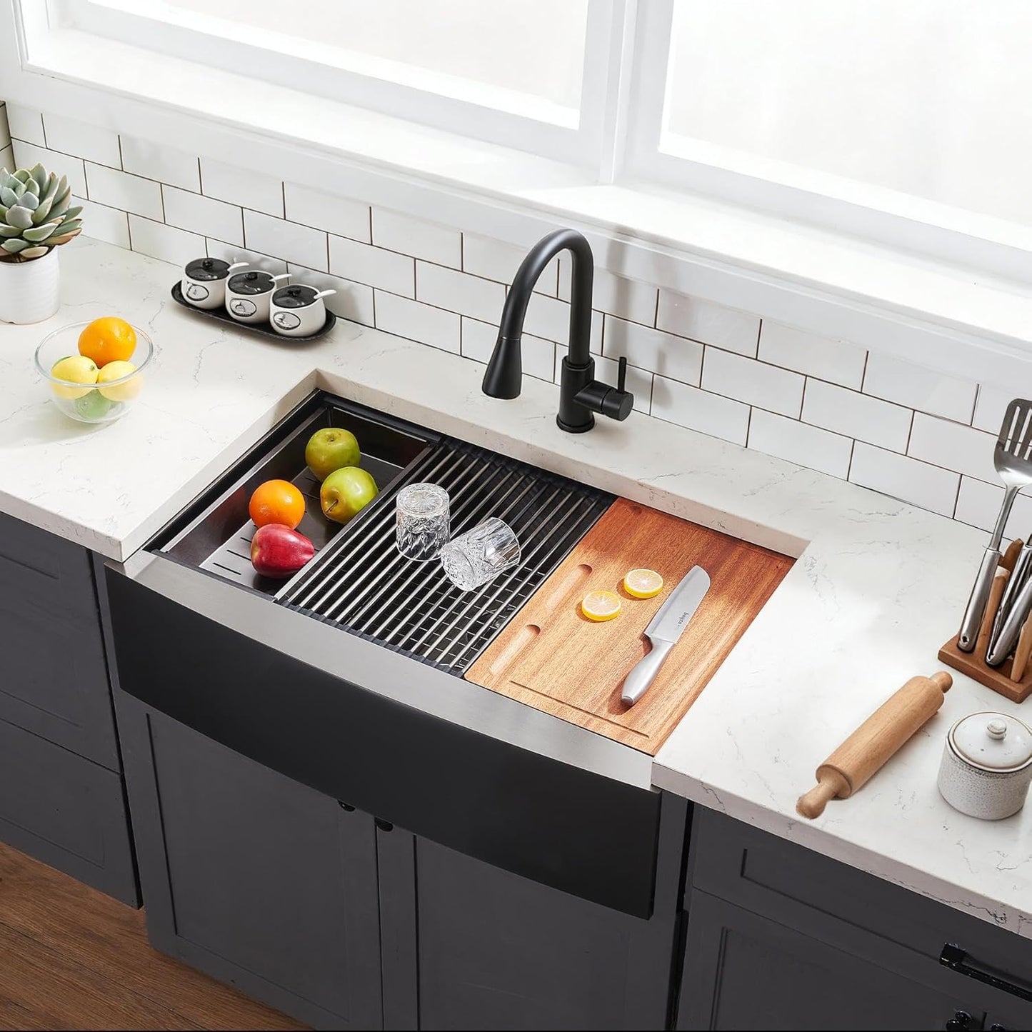 Black Farmhouse Sink 33 Inch - COMLLEN 33x22 Apron Front Farmhouse Kitchen Sinks 16 Gauge Stainless Steel Undermount Ledge Workstation Deep Single Bowl Luxury Rustic Farm Sinks with All Accessories