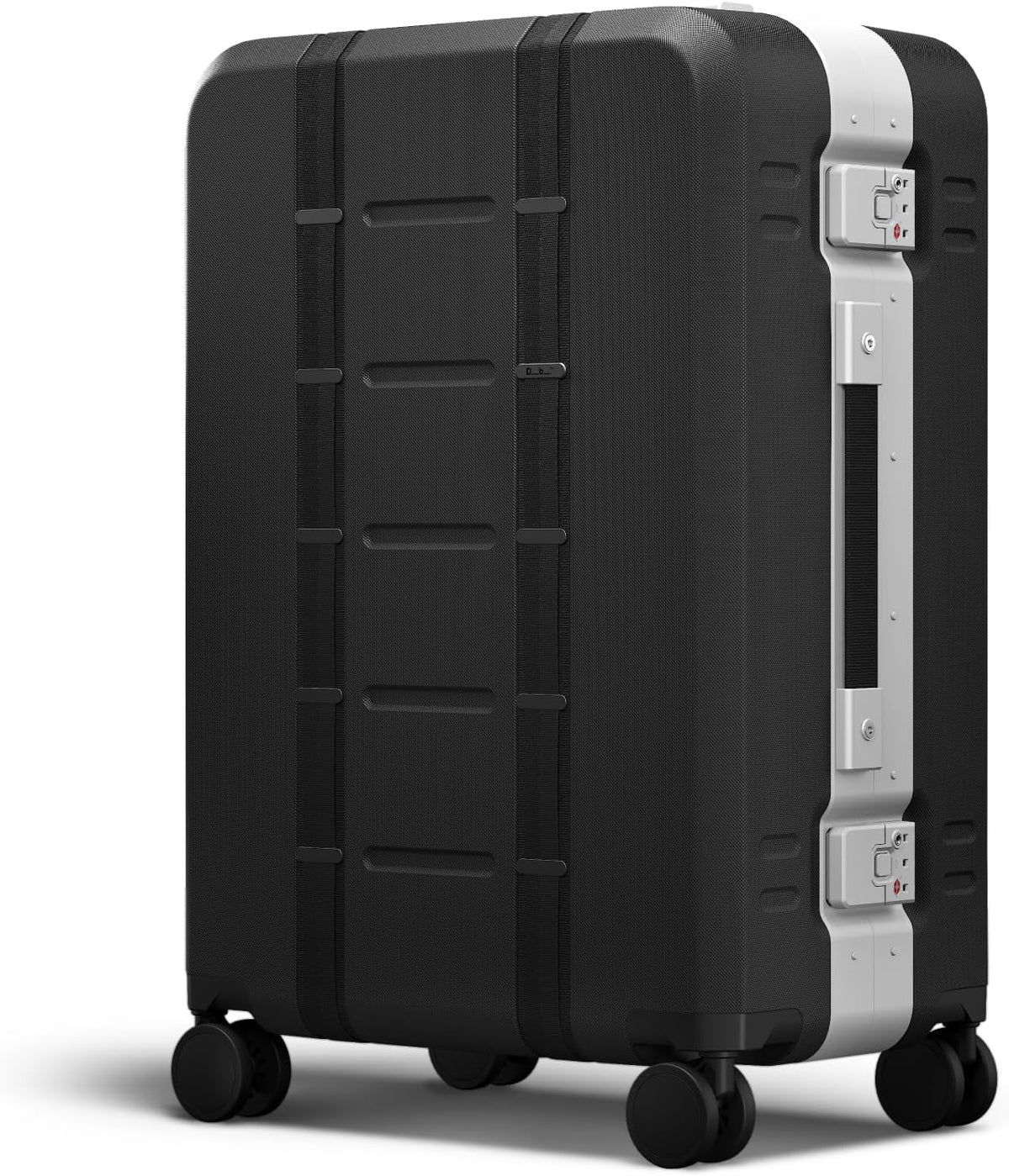 D_b_ Ramverk Pro Medium Check-In 25 Inch Hardside Luggage Extra Protection Aluminum Frame, Silent 360 Spinner Wheels, TSA Lock, Interior Laptop Compartment - Silver Frame/Black - Roamly