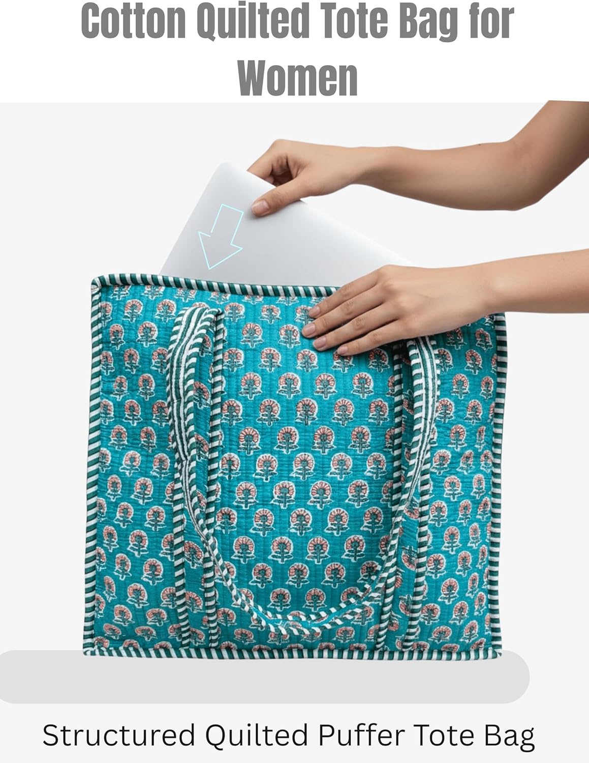 Cotton Quilted Tote Bag for Women – Large Beach & Travel Tote with Zipper, Reusable Grocery Bag