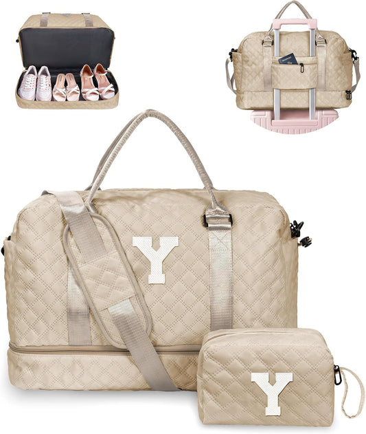 Women Group Gift Ideas, Gifts for Women-Kids Travel Bags with Shoe Compartment, Personalized Weekender Bag, Monogram Overnight Bag for Women, Letter Travel Bag with Makeup Bag (Letter Y) - Roamly