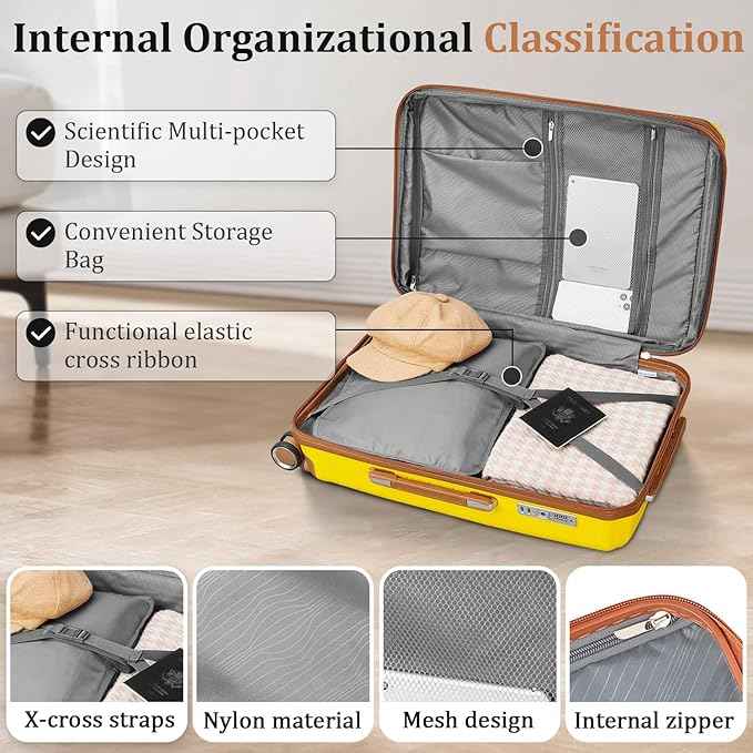 4 Piece Expandable Hardshell Pink Luggage Sets with Spinner Wheels, Lightweight Travel Suitcase Set with TSA Locks, 20 inch Carry On for Women (Yellow, 4 Piece Set)