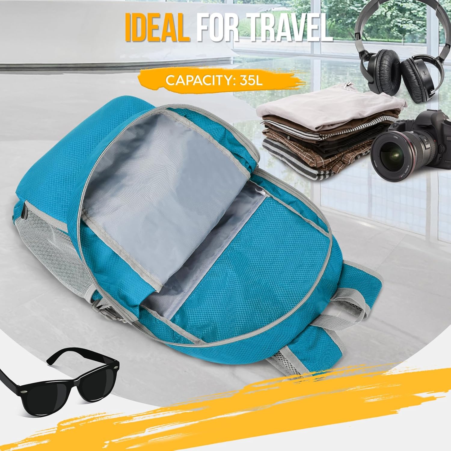 ZOMAKE Lightweight Packable Backpack 35L, Light Foldable Backpacks Water Resistant Collapsible Hiking Bag, Compact Folding Day Pack for Travel Camping(Light Blue) - Roamly