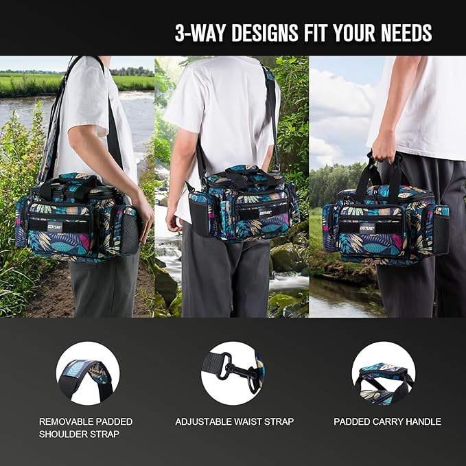 Goture Fishing Tackle Bag with 4 Tackle Boxes, Soft Side 600D Water-Resistant Cross Body Sling Fishing Bag, Small Saltwater Gear Storage Tactical Bags, Gifts for Men/Women (15.75"x9.45"x8.27")