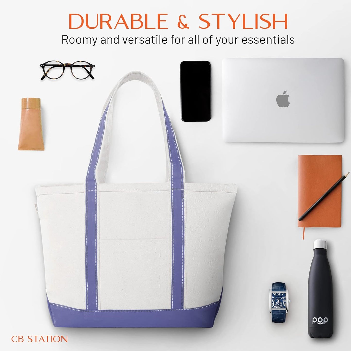 CB STATION Medium Classic Canvas Tote Bag for Women, Top Zipper Closure, Outer Pocket, Daily Essentials, Groceries, Traveling