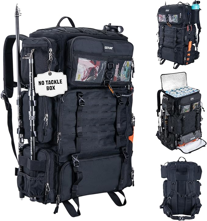 Goture Fishing Backpack with Cooler,72L Large 600D Tackle Backpack with Rod Holders,Dry & Wet Split Compartment,Adjustable Main Compartment,Rain Cover,Insulated Tactical Bag for Travel Camping Hiking