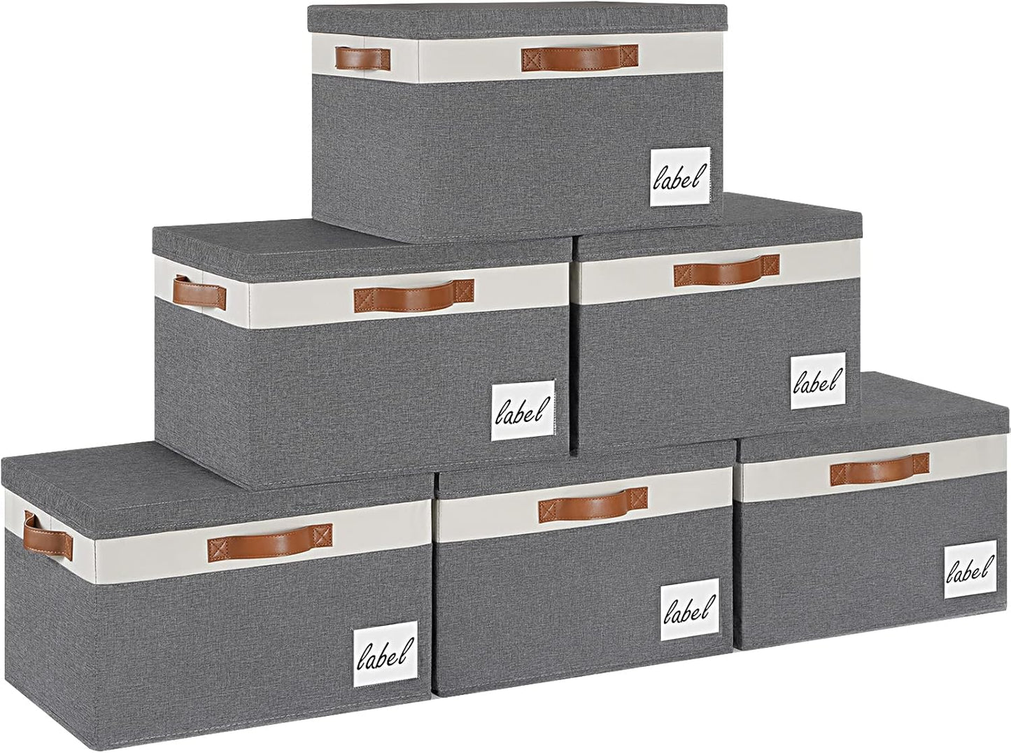 GhvyenntteS 6 Pack Fabric Storage Bins with Lid, Large Closet Storage Bins with Lid and 3 PU Handles, Foldable Fabric Storage Boxes with Label Window for Home Bedroom Office (Grey, Large)